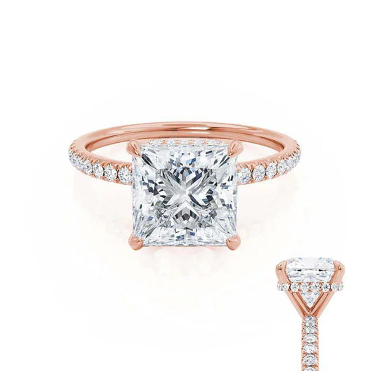 JASMINE - Princess Lab Diamond 18k Rose Gold Petite Hidden Halo