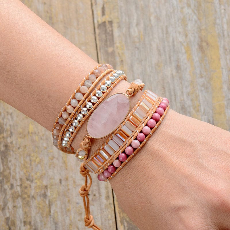 Rose Quartz Natural Stone Braided Leather Bracelet