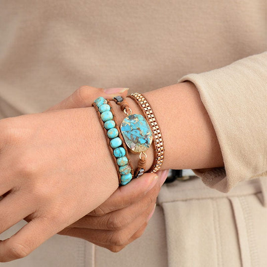 Bohemian-style Turquoise Bracelet: Handcrafted Triple-layer Wristband