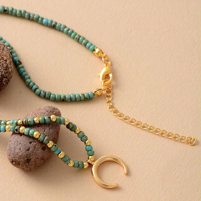 Minimalist Gold-Plated Moon Pendant Rice Bead Necklace