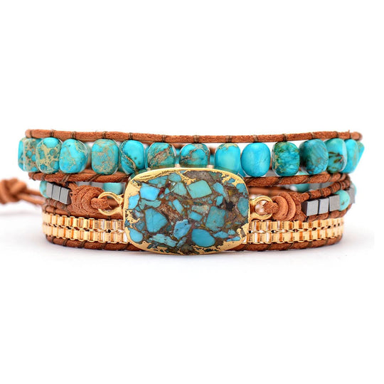 Bohemian-style Turquoise Bracelet: Handcrafted Triple-layer Wristband