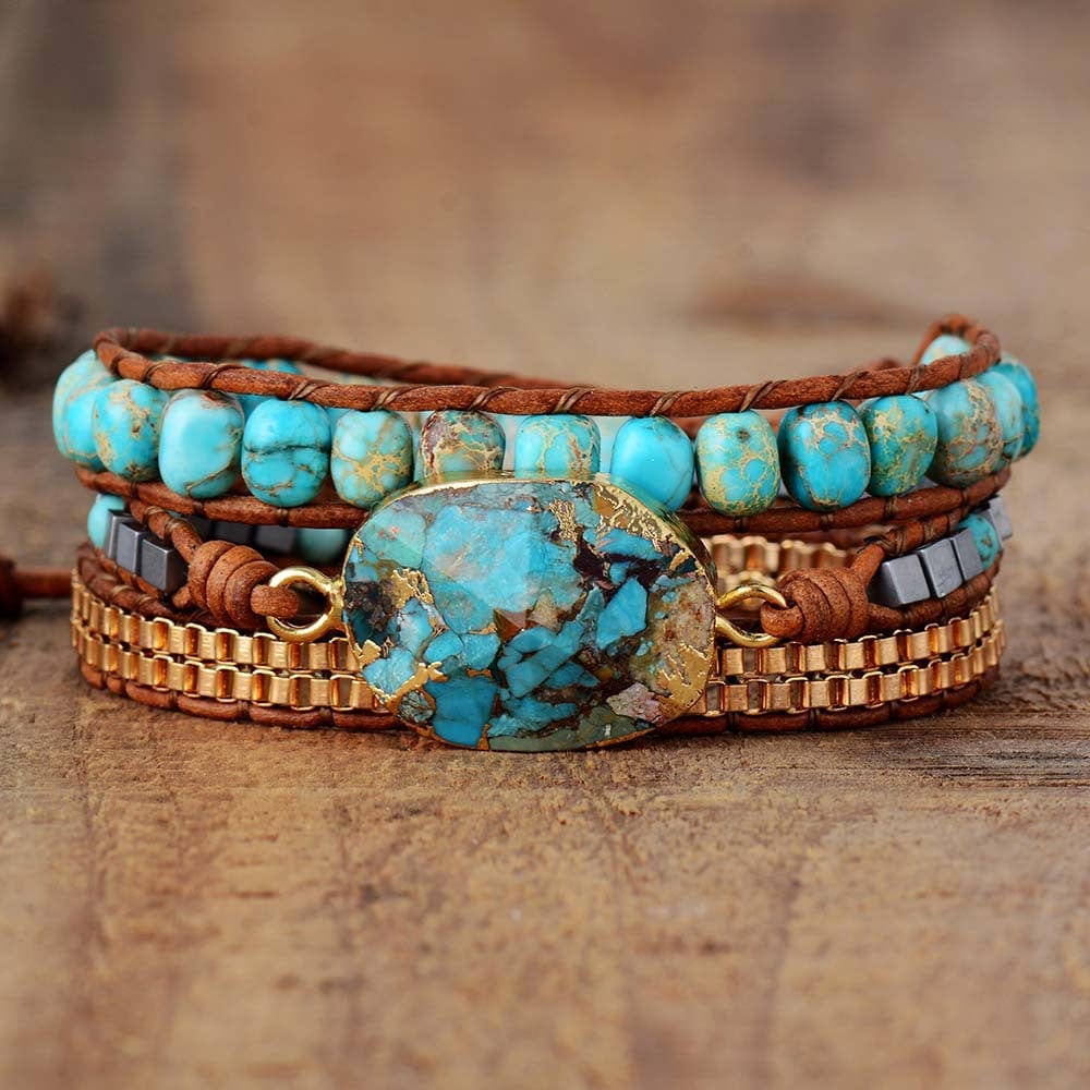 Bohemian-style Turquoise Bracelet: Handcrafted Triple-layer Wristband