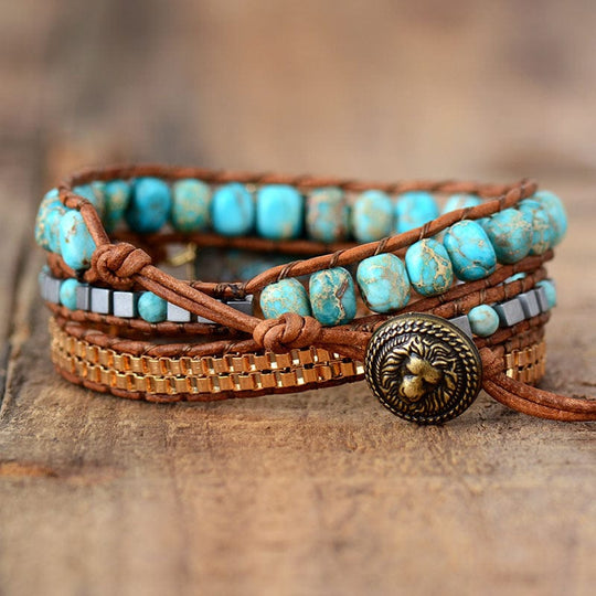 Bohemian-style Turquoise Bracelet: Handcrafted Triple-layer Wristband