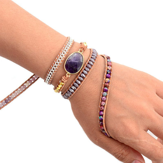 Amethyst Leather Handwoven Wrap Bracelet