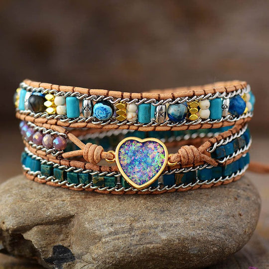 Boho Heart Opal Leather Bracelet