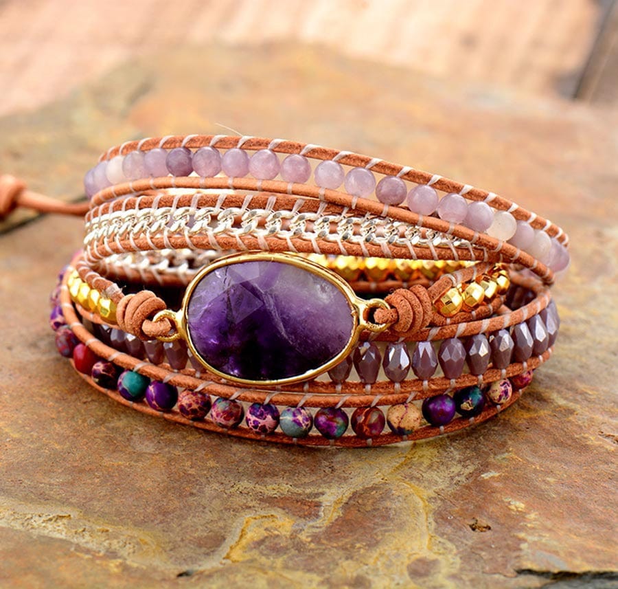 Amethyst Leather Handwoven Wrap Bracelet