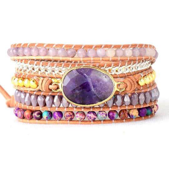 Amethyst Leather Handwoven Wrap Bracelet