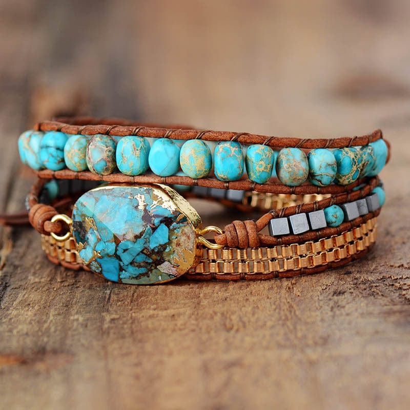 Bohemian-style Turquoise Bracelet: Handcrafted Triple-layer Wristband