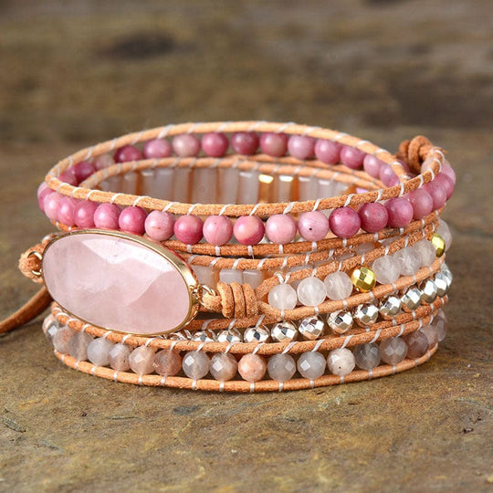 Rose Quartz Natural Stone Braided Leather Bracelet