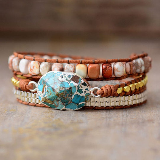 Bohemian-style Turquoise Bracelet: Handcrafted Triple-layer Wristband