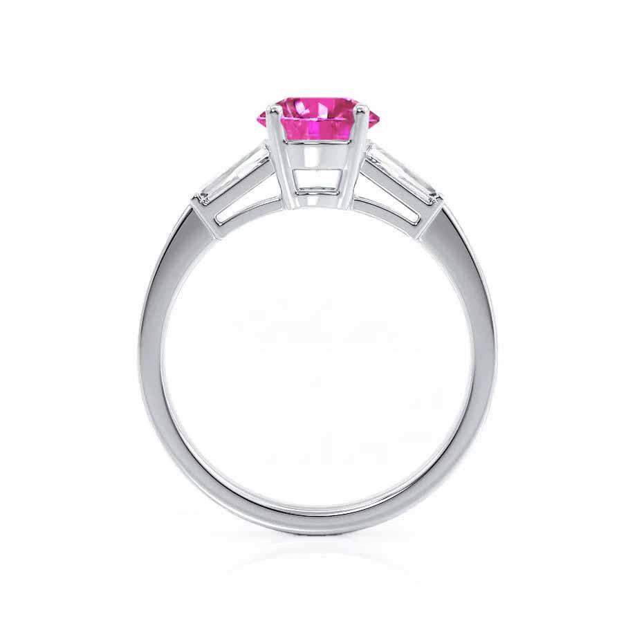 AZALEA – Round Lab-Grown Pink Sapphire & Baguette Diamond Trilogy Ring in 950 Platinum
