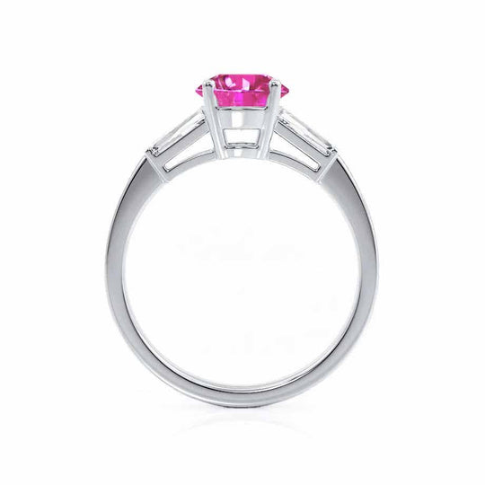 AZALEA – Round Lab-Grown Pink Sapphire & Baguette Diamond Trilogy Ring in 950 Platinum