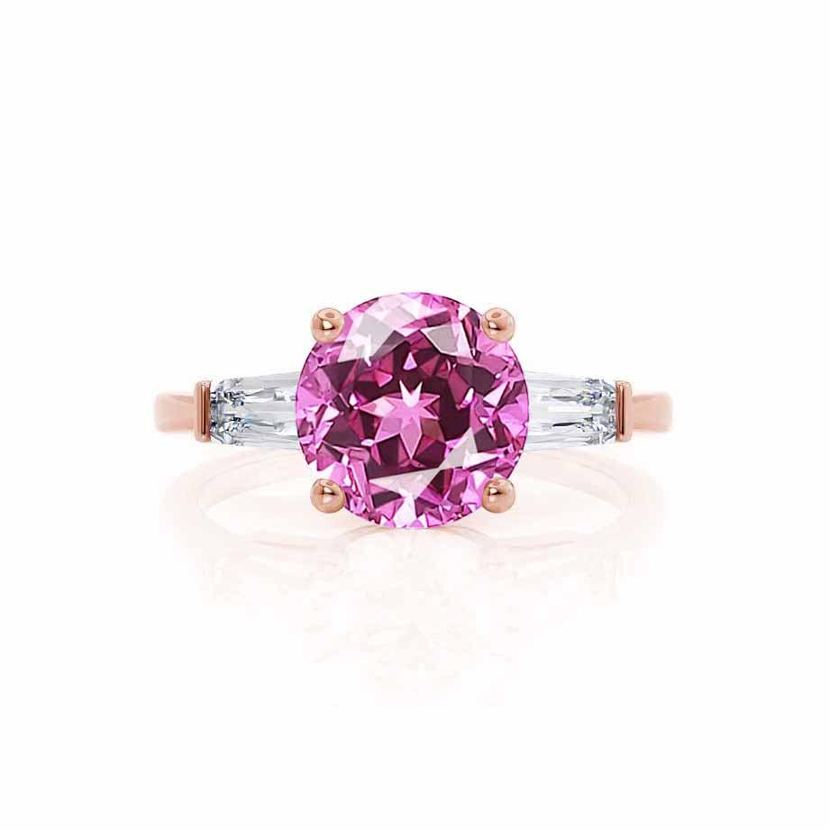 AZALEA – Round Lab-Grown Pink Sapphire & Baguette Diamond Trilogy Ring in 18K Rose Gold