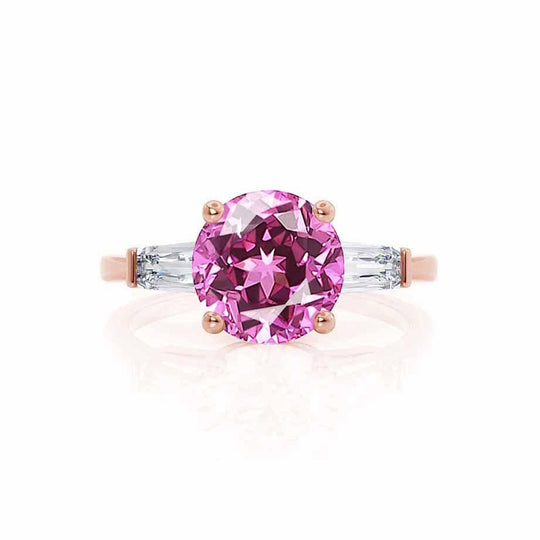 AZALEA – Round Lab-Grown Pink Sapphire & Baguette Diamond Trilogy Ring in 18K Rose Gold