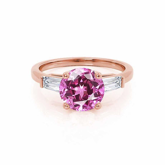 AZALEA – Round Lab-Grown Pink Sapphire & Baguette Diamond Trilogy Ring in 18K Rose Gold