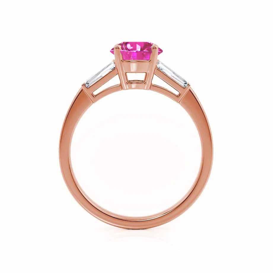AZALEA – Round Lab-Grown Pink Sapphire & Baguette Diamond Trilogy Ring in 18K Rose Gold