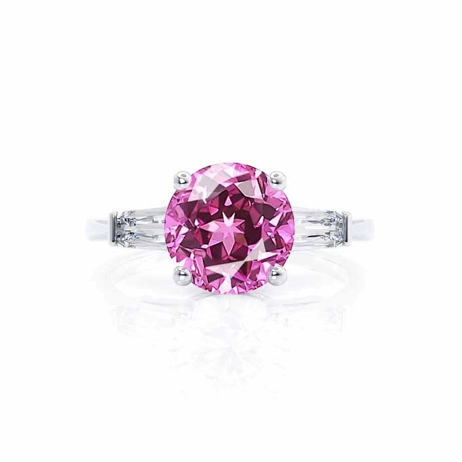 AZALEA – Round Lab-Grown Pink Sapphire & Baguette Diamond Trilogy Ring in 18k White Gold