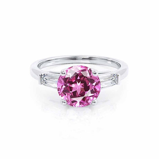 AZALEA – Round Lab-Grown Pink Sapphire & Baguette Diamond Trilogy Ring in 18k White Gold