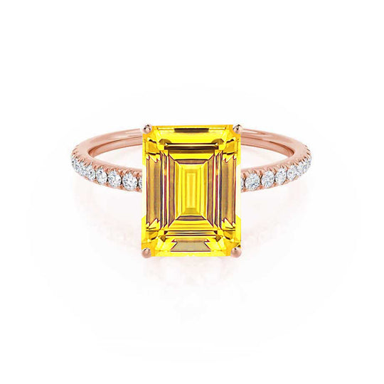 CALLA – Emerald-Cut Lab-Grown Yellow Sapphire & Diamond Petite Pavé Ring in 18K Rose Gold