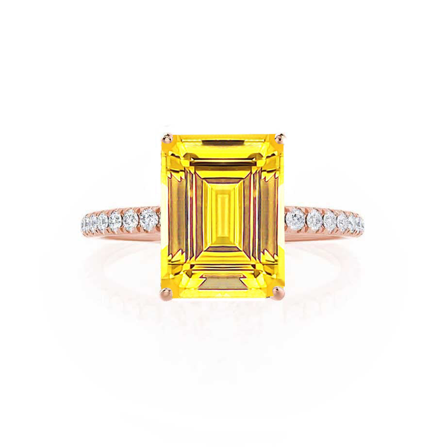 CALLA – Emerald-Cut Lab-Grown Yellow Sapphire & Diamond Petite Pavé Ring in 18K Rose Gold