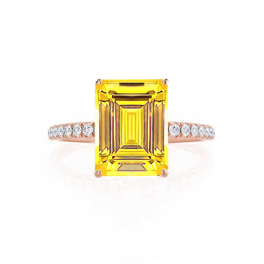 CALLA – Emerald-Cut Lab-Grown Yellow Sapphire & Diamond Petite Pavé Ring in 18K Rose Gold