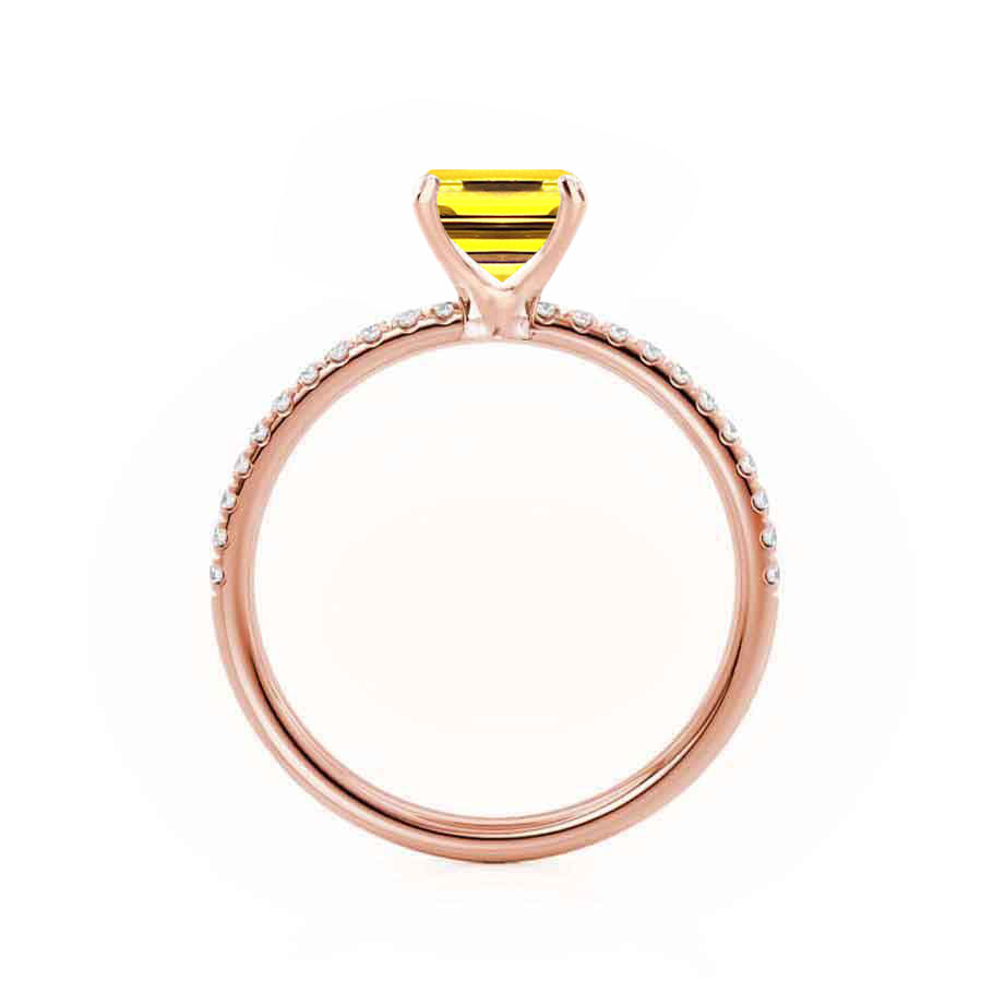 CALLA – Emerald-Cut Lab-Grown Yellow Sapphire & Diamond Petite Pavé Ring in 18K Rose Gold