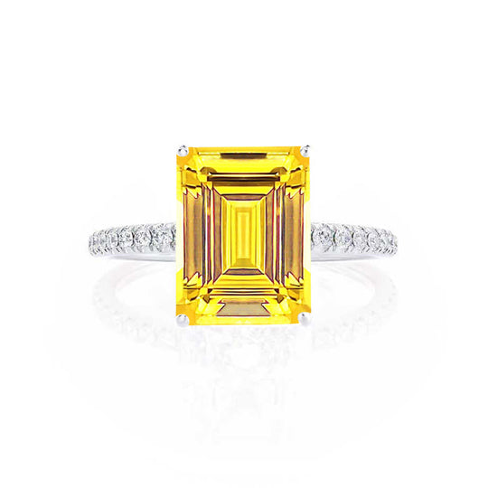 CALLA – Emerald-Cut Lab-Grown Yellow Sapphire & Diamond Petite Pavé Ring in 18k White Gold