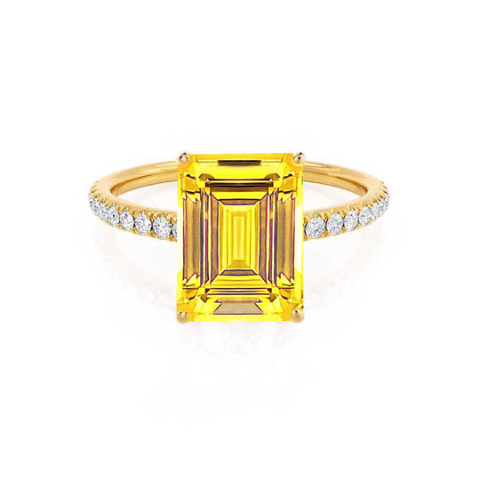 CALLA – Emerald-Cut Lab-Grown Yellow Sapphire & Diamond Petite Pavé Ring in 18k Yellow Gold