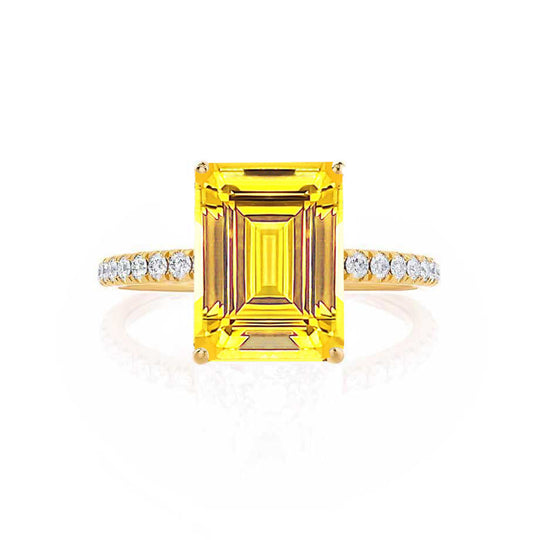 CALLA – Emerald-Cut Lab-Grown Yellow Sapphire & Diamond Petite Pavé Ring in 18k Yellow Gold