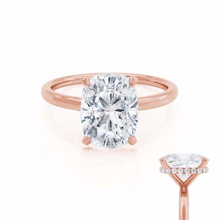 CAMELLIA - Elongated Cushion Natural Diamond 18k Rose Gold Hidden Halo