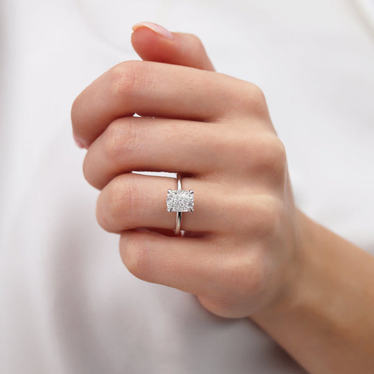 CAMELLIA - Elongated Cushion Natural Diamond 18k White Gold Hidden Halo