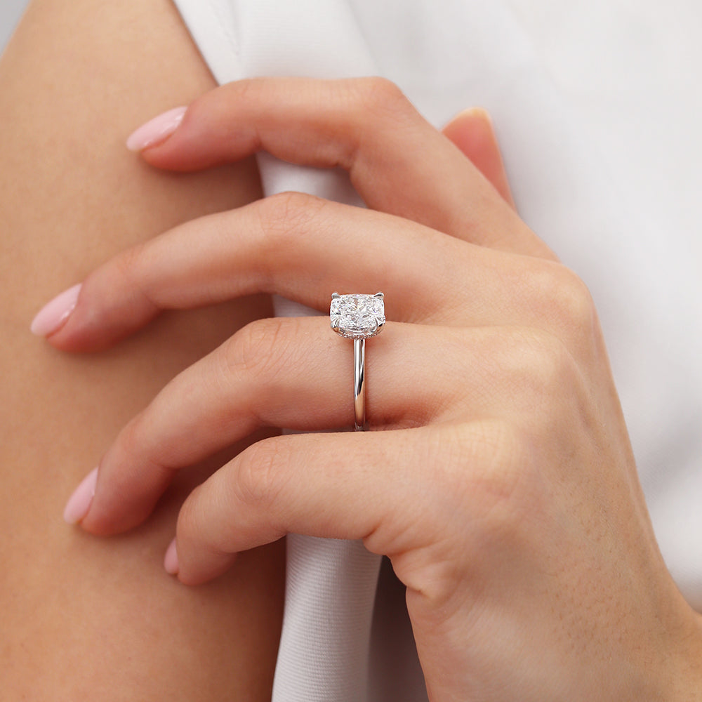 CAMELLIA - Elongated Cushion Natural Diamond 18k White Gold Hidden Halo