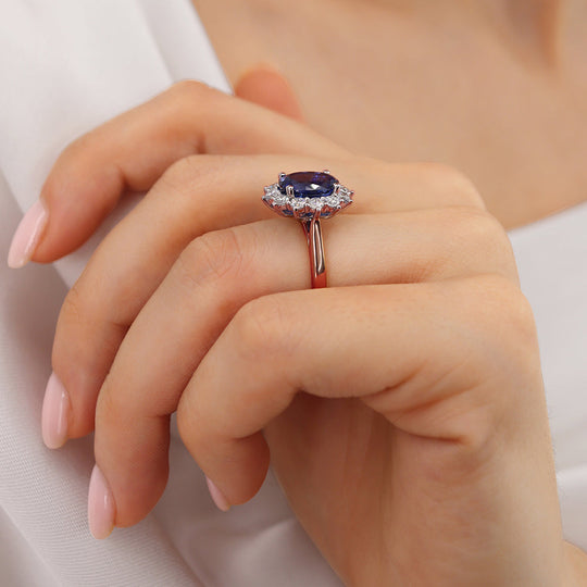 CORNFLOWER – Lab-Grown Blue Sapphire Halo Engagement Ring in 18k Rose Gold