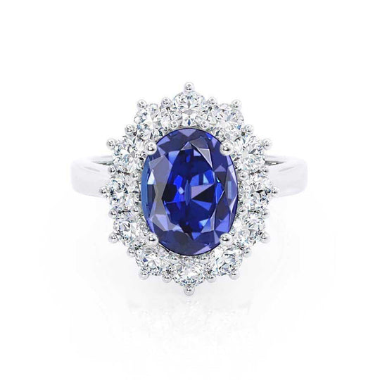 CORNFLOWER – Lab-Grown Blue Sapphire Halo Engagement Ring in 18k White Gold