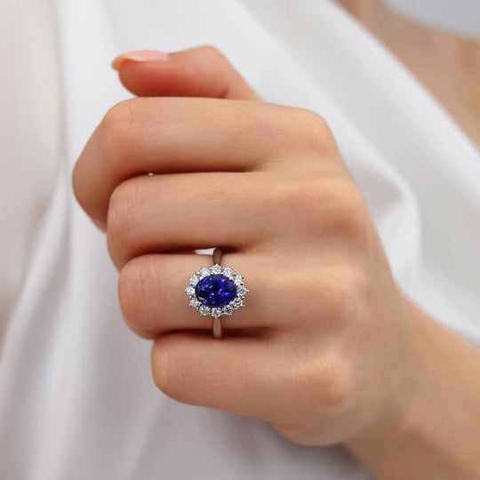 CORNFLOWER – Lab-Grown Blue Sapphire Halo Engagement Ring in 18k White Gold