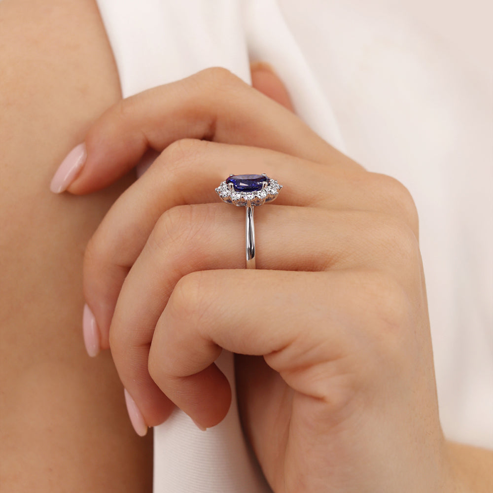 CORNFLOWER – Lab-Grown Blue Sapphire Halo Engagement Ring in 18k White Gold