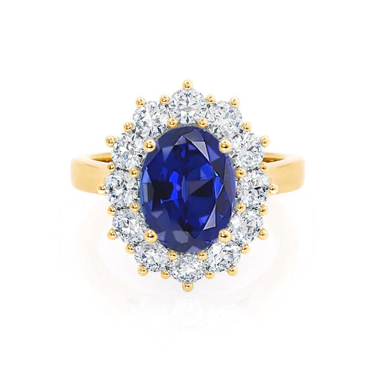 CORNFLOWER – Lab-Grown Blue Sapphire Halo Engagement Ring in 18k Yellow Gold