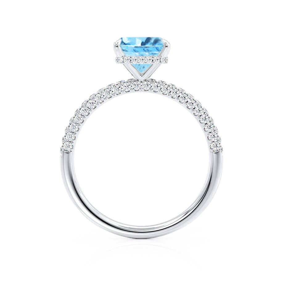 FREESIA – Lab-Grown Aqua Spinel & Diamond Engagement Ring in 950 Platinum Hidden Halo Triple Pavé Shoulder Set