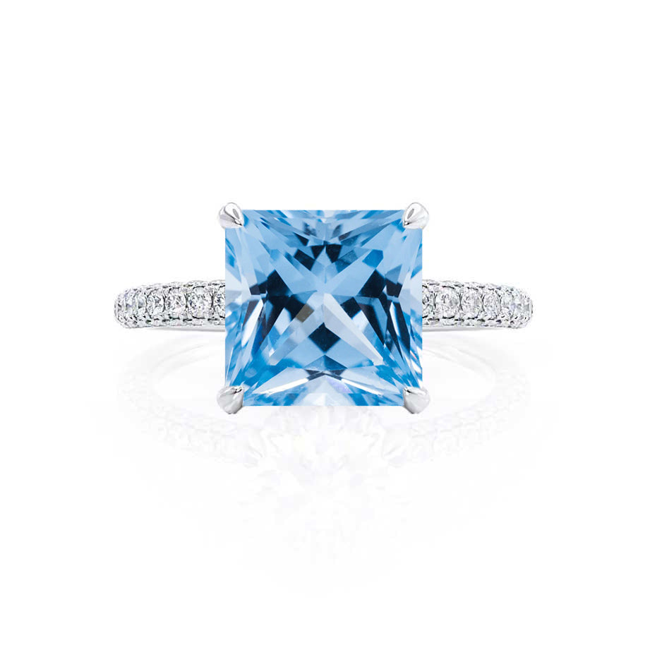 FREESIA – Lab-Grown Aqua Spinel & Diamond Engagement Ring in 950 Platinum Hidden Halo Triple Pavé Shoulder Set
