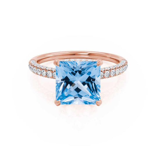 FREESIA – Lab-Grown Aqua Spinel & Diamond Engagement Ring in 18k Rose Gold Hidden Halo Triple Pavé Shoulder Set