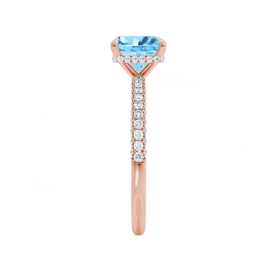 FREESIA – Lab-Grown Aqua Spinel & Diamond Engagement Ring in 18k Rose Gold Hidden Halo Triple Pavé Shoulder Set