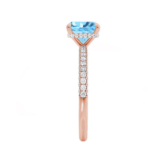 FREESIA – Lab-Grown Aqua Spinel & Diamond Engagement Ring in 18k Rose Gold Hidden Halo Triple Pavé Shoulder Set