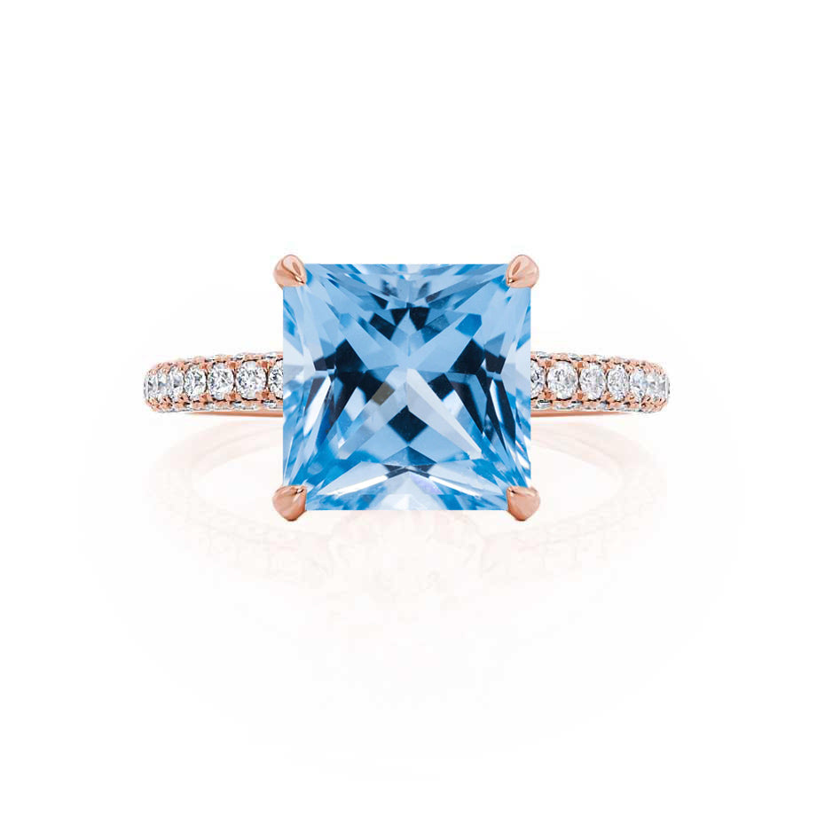 FREESIA – Lab-Grown Aqua Spinel & Diamond Engagement Ring in 18k Rose Gold Hidden Halo Triple Pavé Shoulder Set