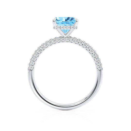 FREESIA – Lab-Grown Aqua Spinel & Diamond Engagement Ring in 18k White Gold Hidden Halo Triple Pavé Shoulder Set