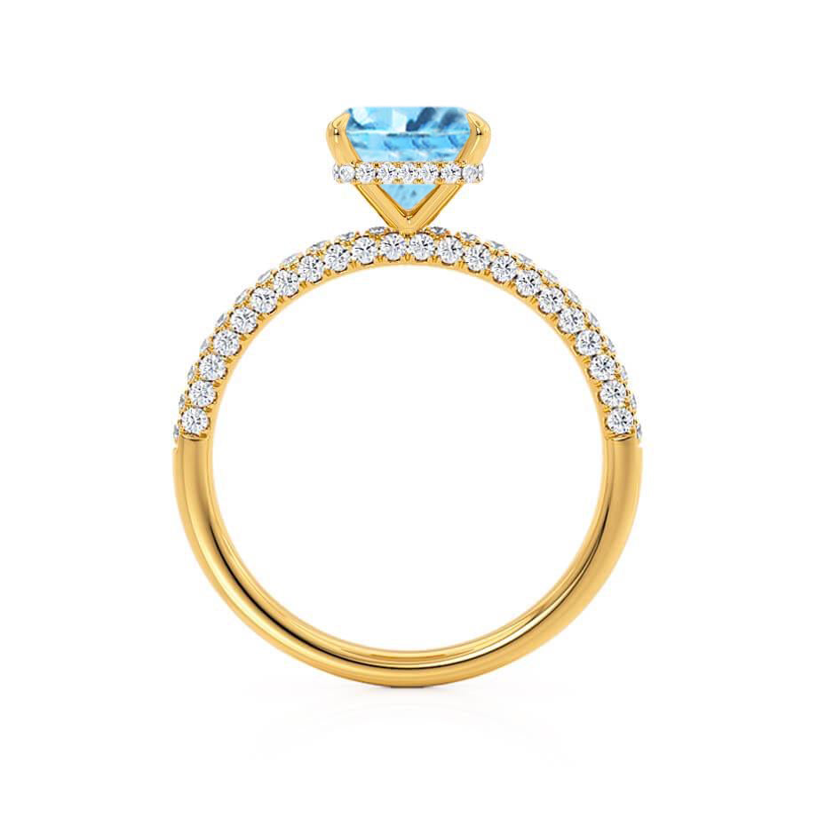 FREESIA – Lab-Grown Aqua Spinel & Diamond Engagement Ring in 18k Yellow Gold Hidden Halo Triple Pavé Shoulder Set