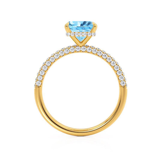 FREESIA – Lab-Grown Aqua Spinel & Diamond Engagement Ring in 18k Yellow Gold Hidden Halo Triple Pavé Shoulder Set