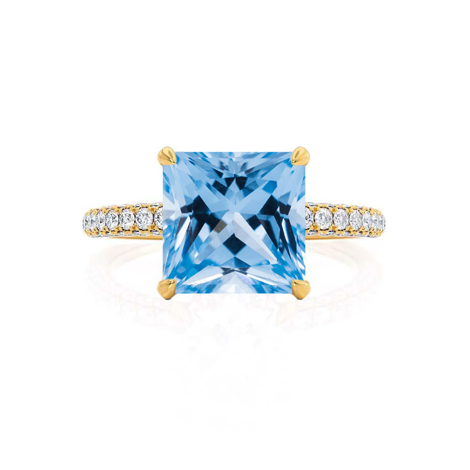 FREESIA – Lab-Grown Aqua Spinel & Diamond Engagement Ring in 18k Yellow Gold Hidden Halo Triple Pavé Shoulder Set