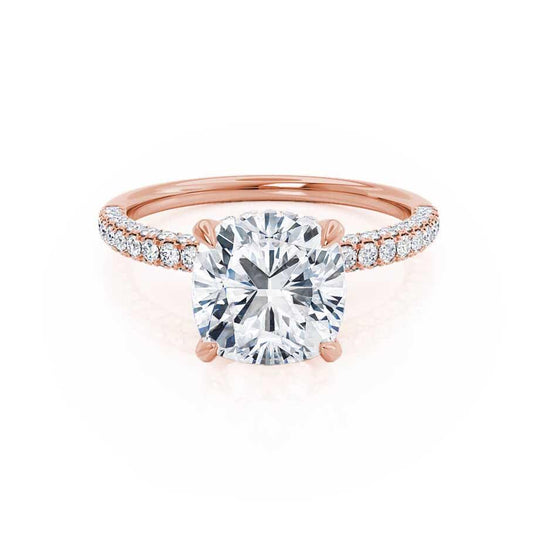 FREESIA - Cushion Cut Lab Diamond 18k Rose Gold Petite Hidden Halo Triple Pavé