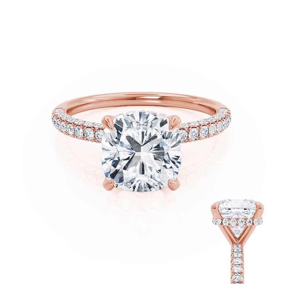 FREESIA - Cushion Cut Lab Diamond 18k Rose Gold Petite Hidden Halo Triple Pavé