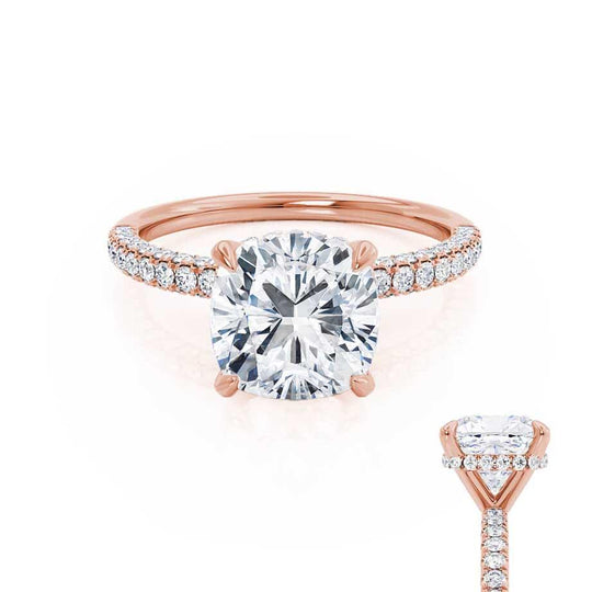 FREESIA - Cushion Cut Lab Diamond 18k Rose Gold Petite Hidden Halo Triple Pavé